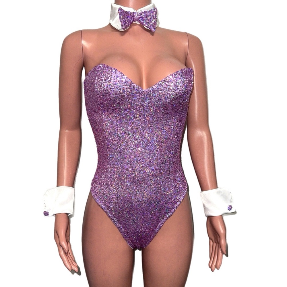 Trashy lingerie purple sequin playboy bunny costume teddy bodysuits set S new